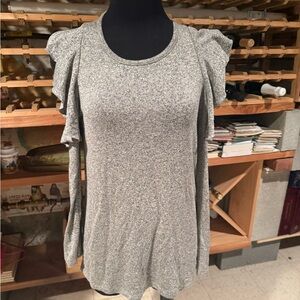 Pleione Heather Gray Ruffle Cut Out Shoulder Blouse